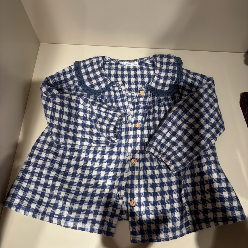 Monoprix kids Blue Checkered Button-Up Shirt blouse bout’Chou 12 months girl